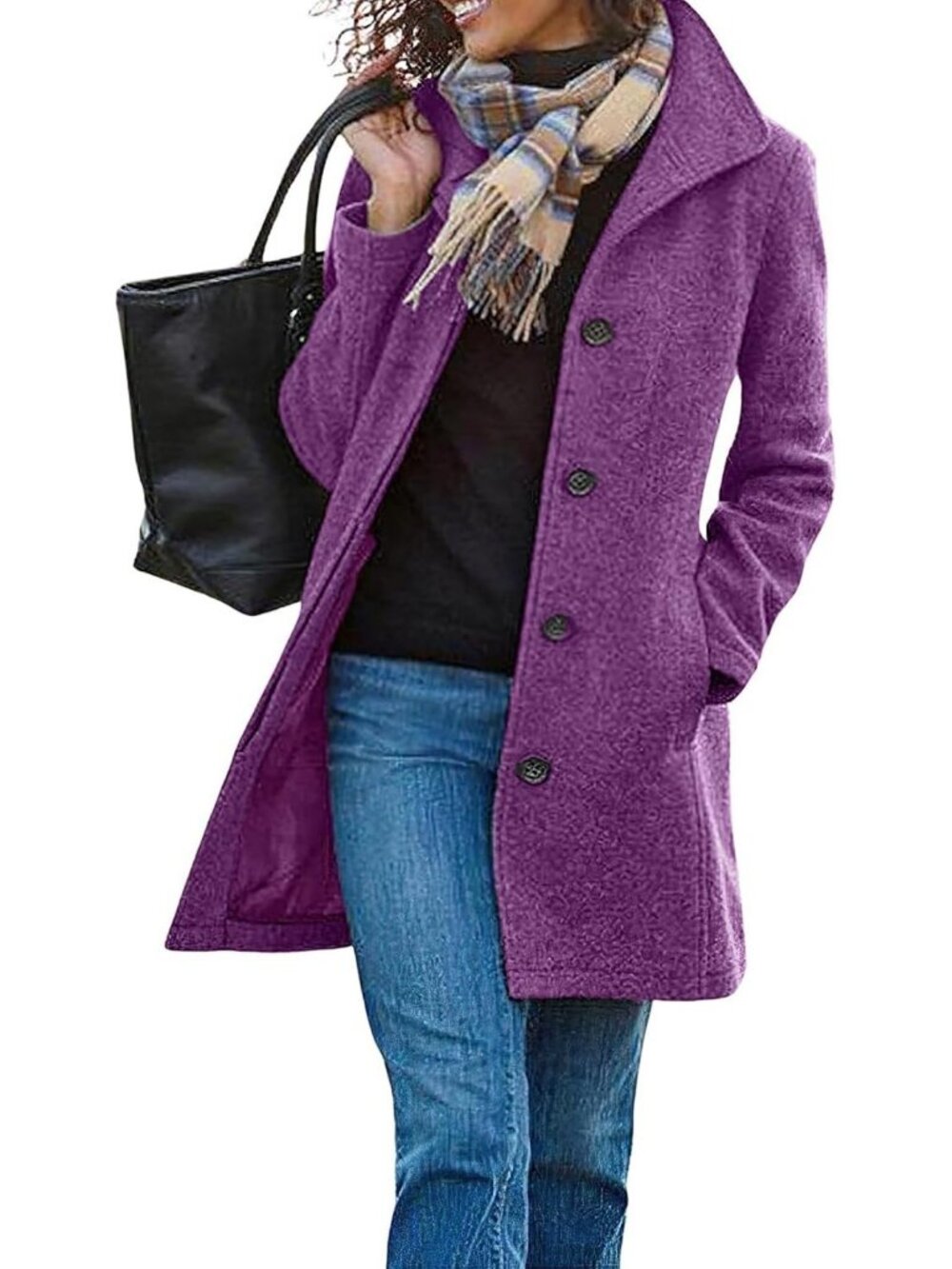 Cozy Women's Thicken Pea Coat with Pockets, Stand Collar, Mid-Length Wool Jacket